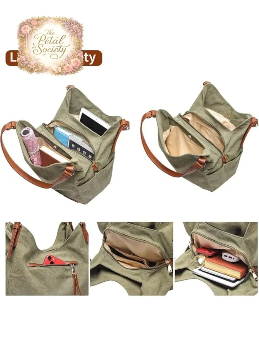 Canvas Hobo Purse Multi Pocket Tote Shopper Shoulder Bag with Embroidery